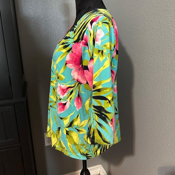 Caribbean Joe Top Womens XL Floral Tunic V-Neck 3/4 Sleeve Boho Beachcore - Picture 6 of 8